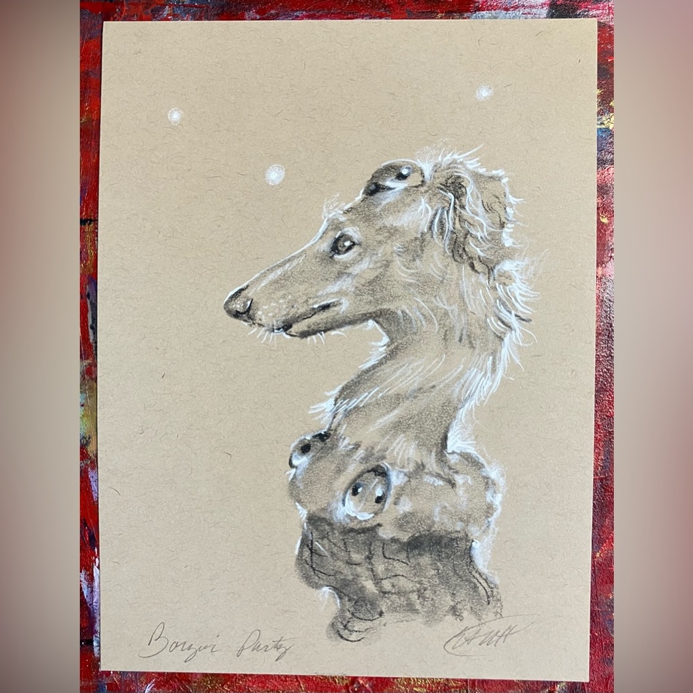 Original Borzoi Dog painting Art Surreal Ladybug Charcoal Pastel Artettina USA